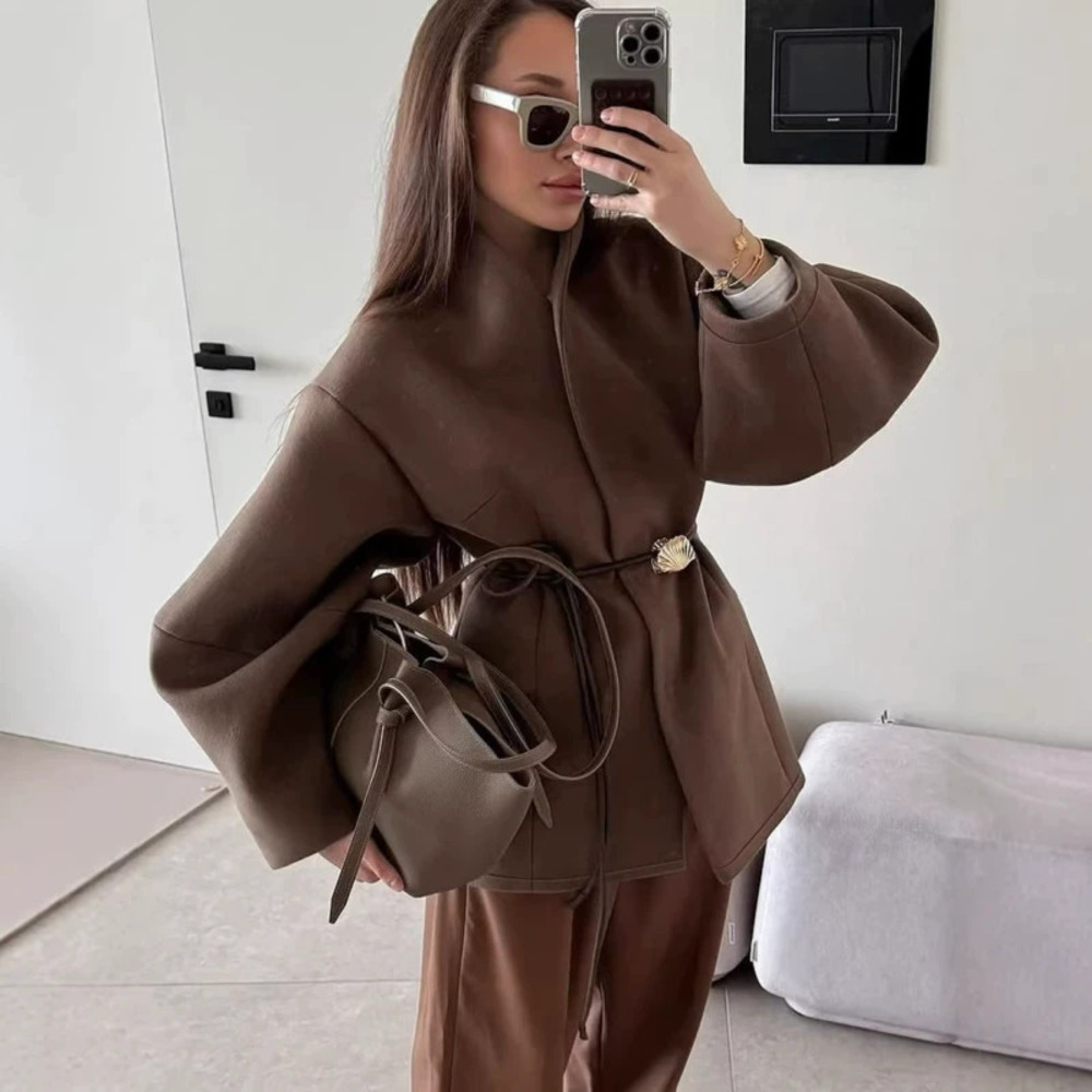 ZARA Elegant Brown Belted Wool Coat for Women